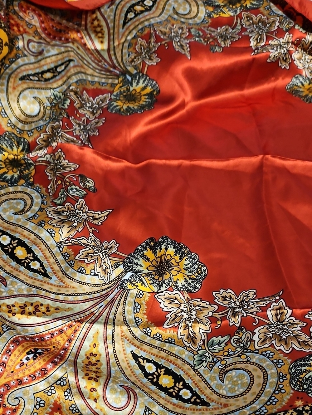 Vibrant Red Paisley Satin Scarf with Yellow Floral Accents K1